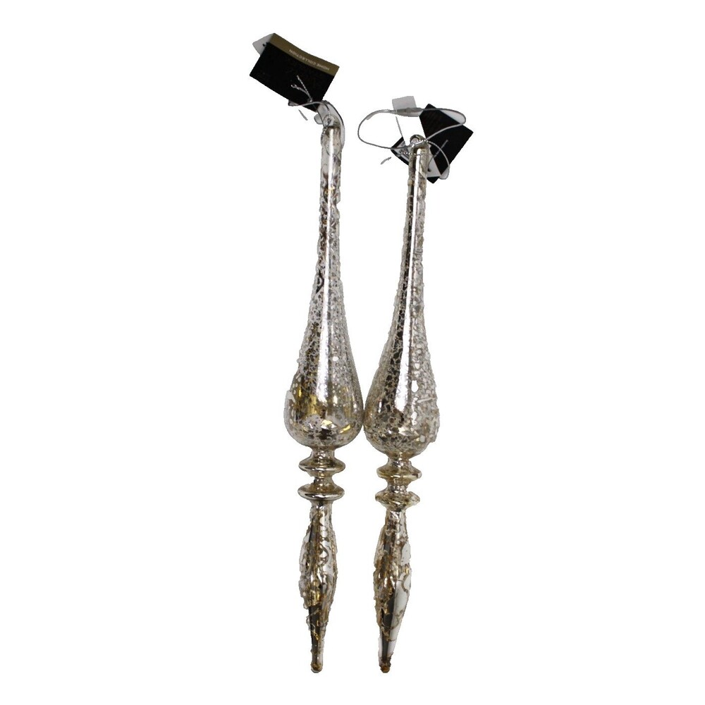 Robert Stanley Set of 2 13 1/2 inch Gold/Silver Crackled Glass Finial Ornaments